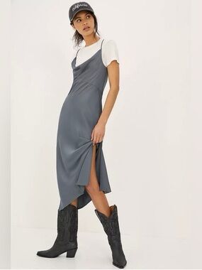 Anthropologie silver grey Satin Slip Dress midi formal minimal cowl neckline L